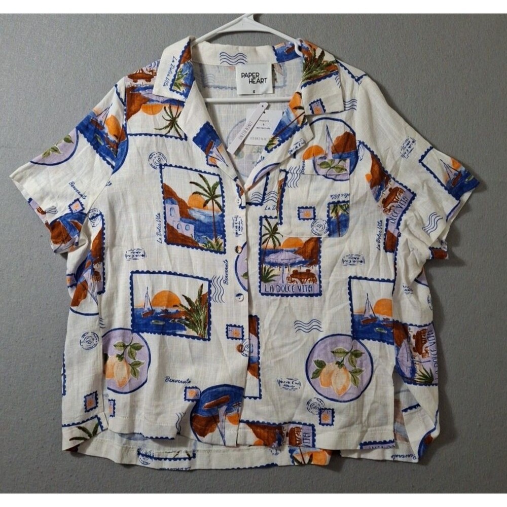 Paper Heart Linen-Blend Shirt Wome's Small Postcard AOP Button Pocket NWT